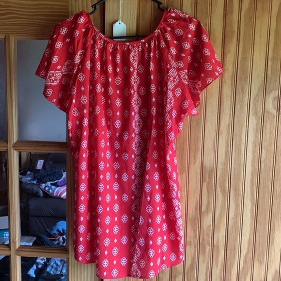 NWT Women's Simple Fun Cherry Red Geo Aztec Southwestern Print Blouse Top XL - Picture 6 of 7